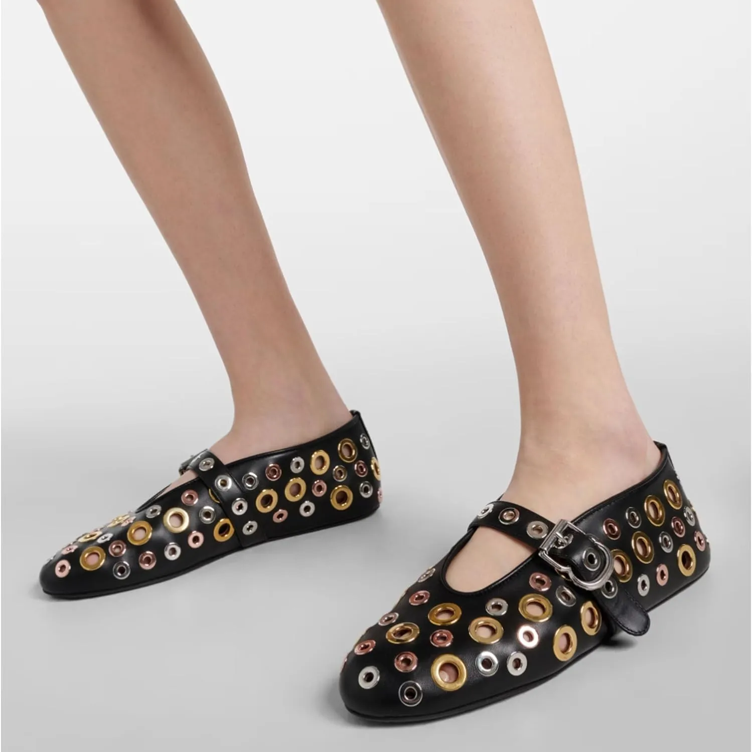 Women Perforated Ballet Flats with Buckle Strap Mesh Mary Jane Shoes Comfortable Ballerina for Casual Daily Dress