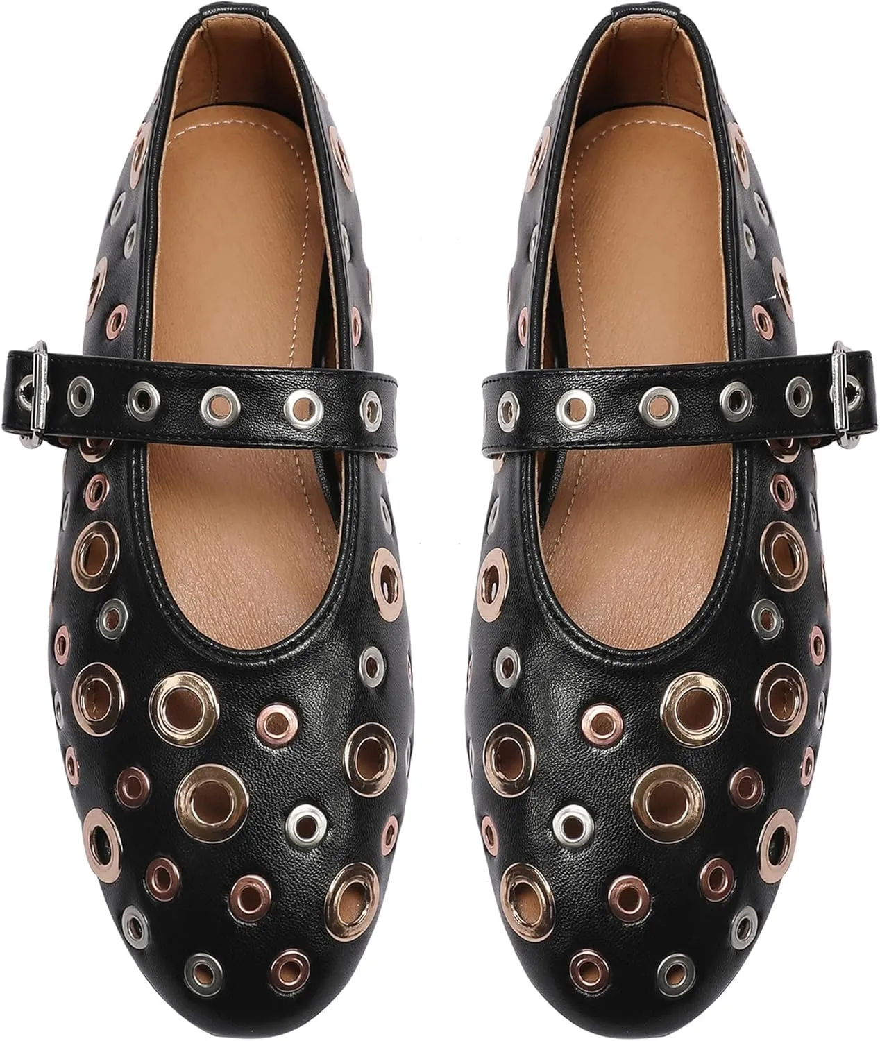 Women Perforated Ballet Flats with Buckle Strap Mesh Mary Jane Shoes Comfortable Ballerina for Casual Daily Dress