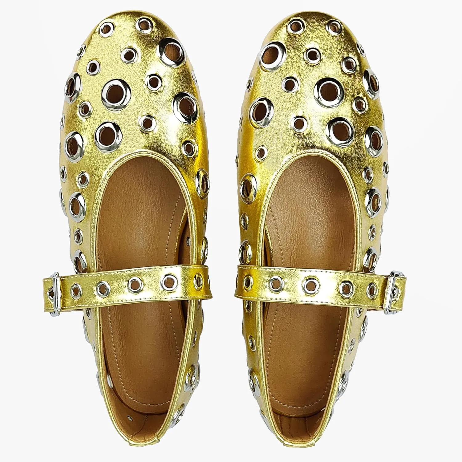 Women Perforated Ballet Flats with Buckle Strap Mesh Mary Jane Shoes Comfortable Ballerina for Casual Daily Dress