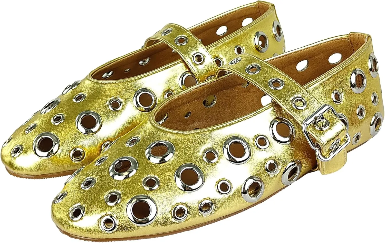 Women Perforated Ballet Flats with Buckle Strap Mesh Mary Jane Shoes Comfortable Ballerina for Casual Daily Dress