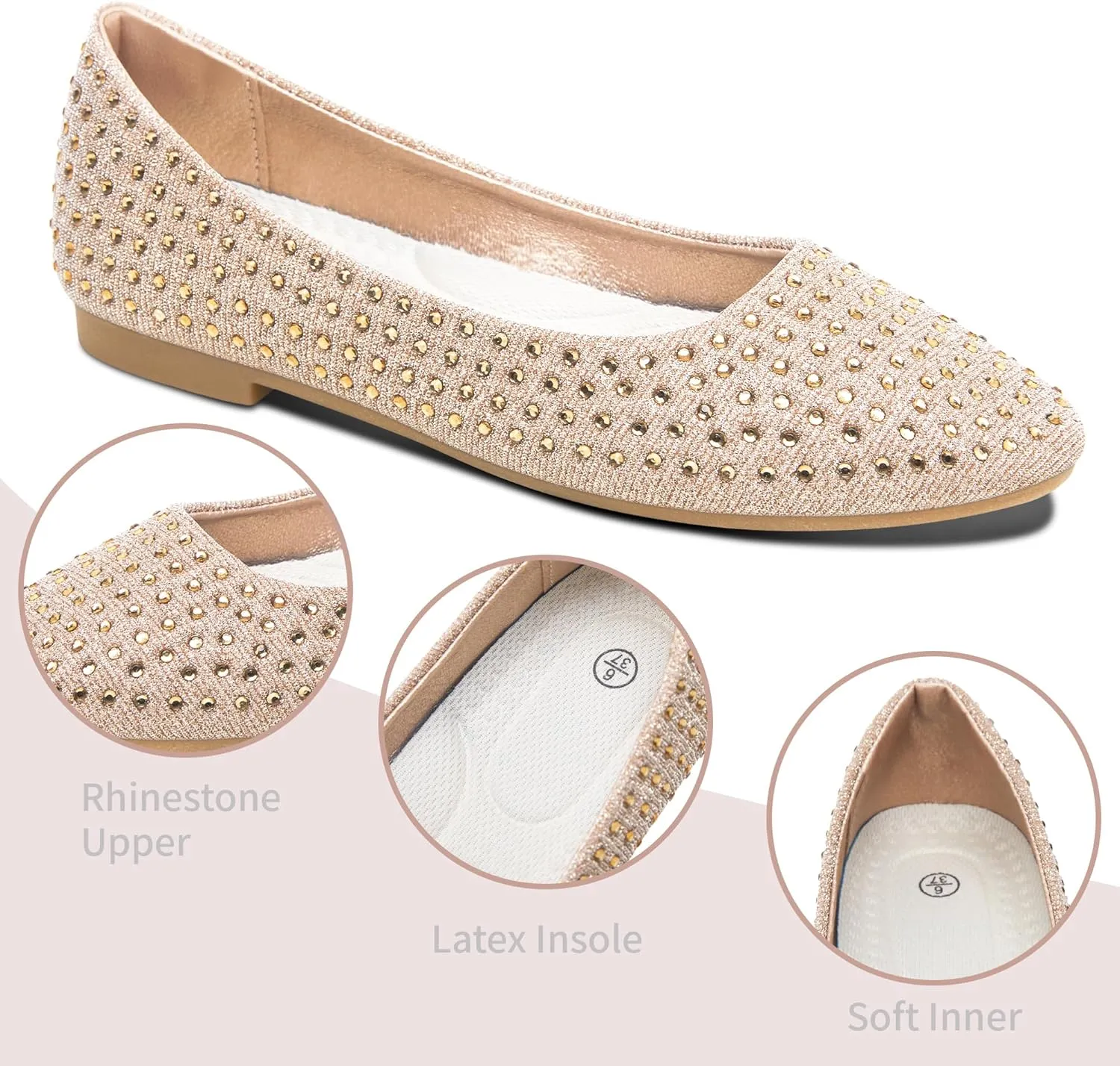 Women Rhinestone Ballet Flats Round Toe Sparkly Elegant Ballerina Flats Comfortable Light Weight Business Shoes Fashion Dress Wedding Shoes