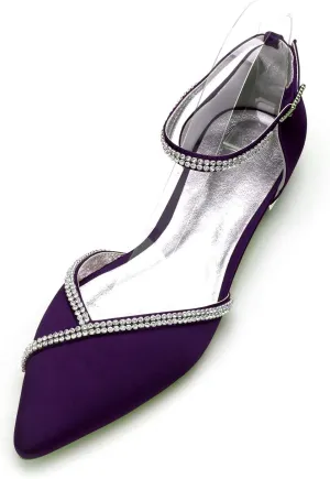 Women Satin Wedding Shoes for Bride Flats Pointed Toe Crystals Party Dress Bridesmaid Shoes 5047-1