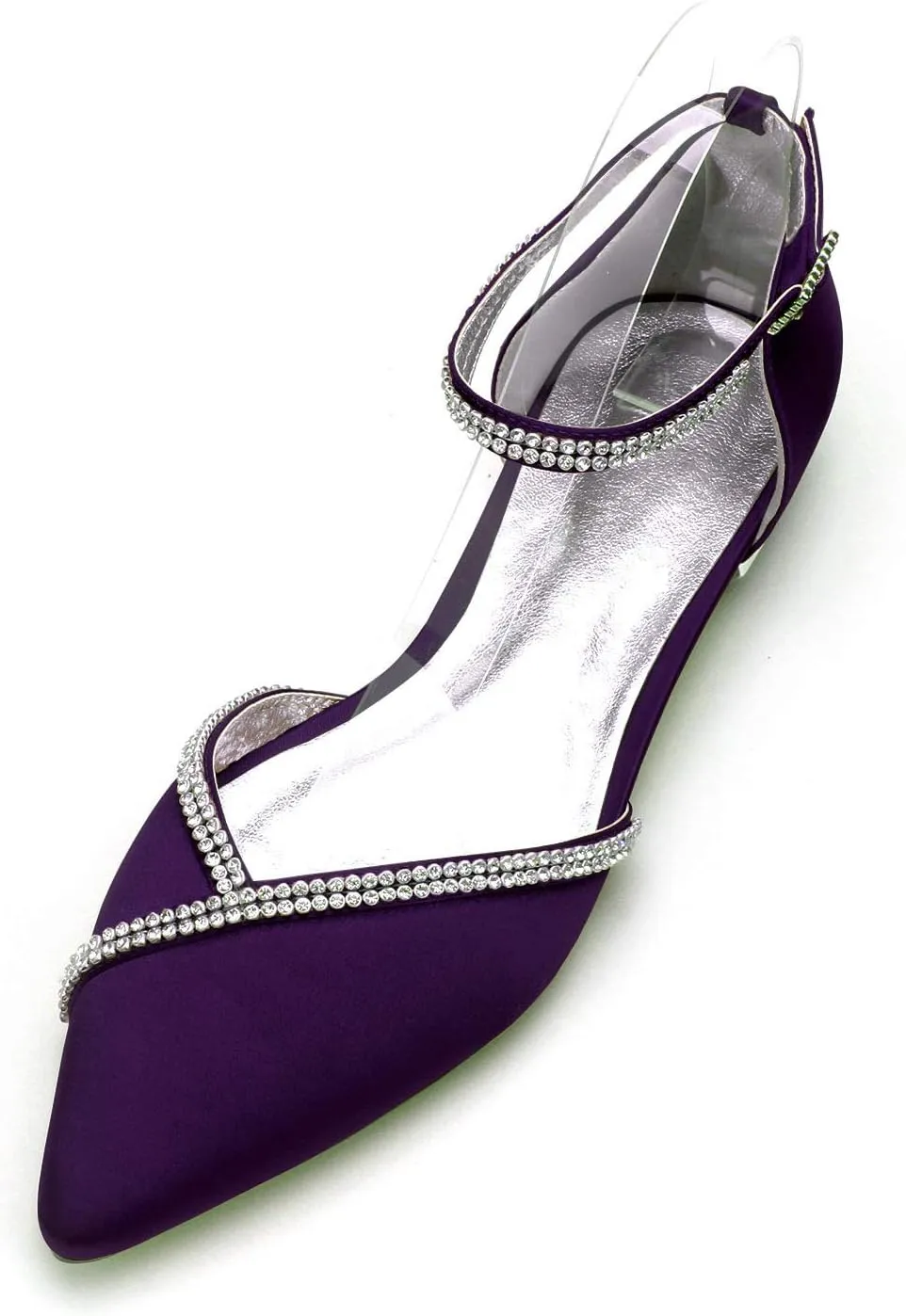 Women Satin Wedding Shoes for Bride Flats Pointed Toe Crystals Party Dress Bridesmaid Shoes 5047-1