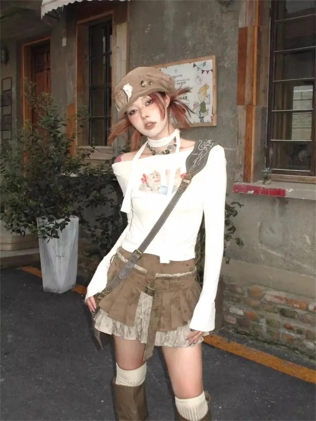 Women Vintage Street Ruched A-Line Skirt for Patchwork Skirts High Waist Slim Fit