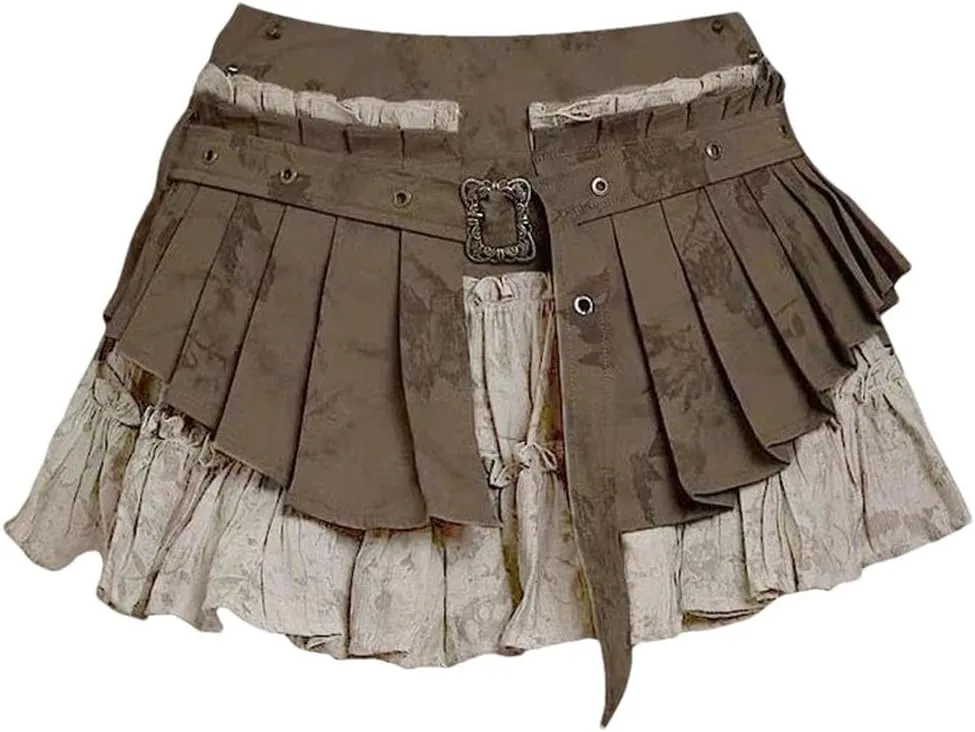 Women Vintage Street Ruched A-Line Skirt for Patchwork Skirts High Waist Slim Fit