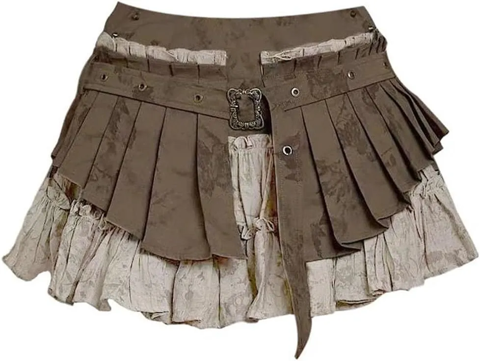 Women Vintage Street Ruched A-Line Skirt for Patchwork Skirts High Waist Slim Fit