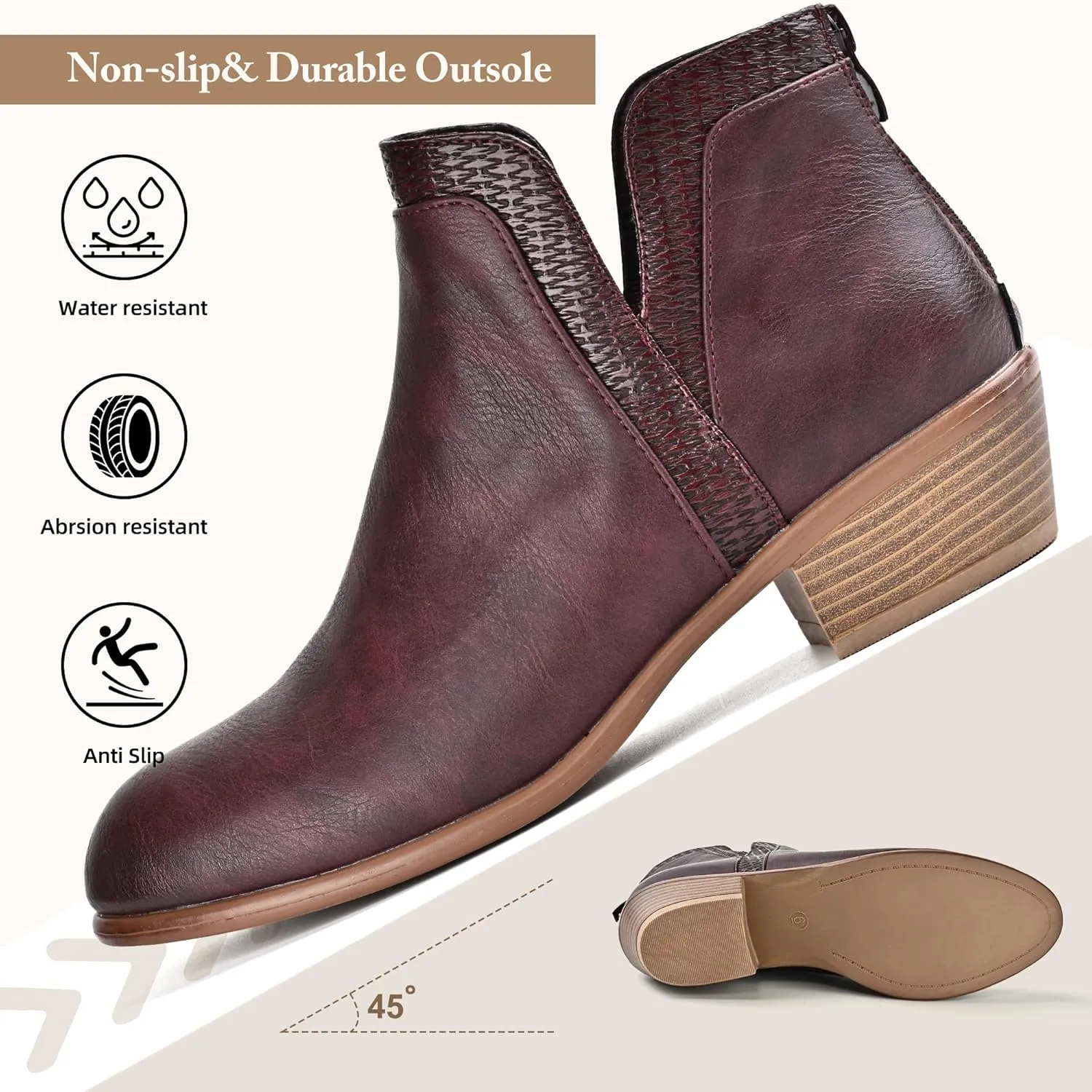 Women's Ankle Boots Low Heels Chunky Fashion Zipper Dressy Booties for Women