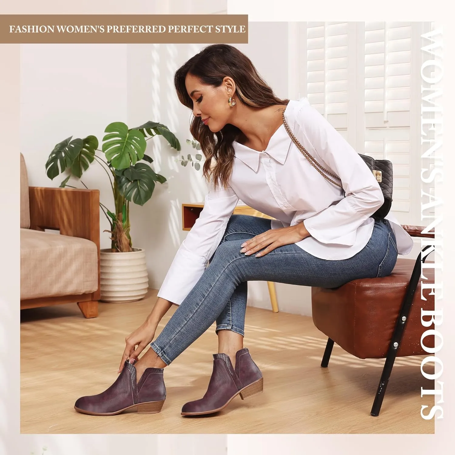 Women's Ankle Boots Low Heels Chunky Fashion Zipper Dressy Booties for Women