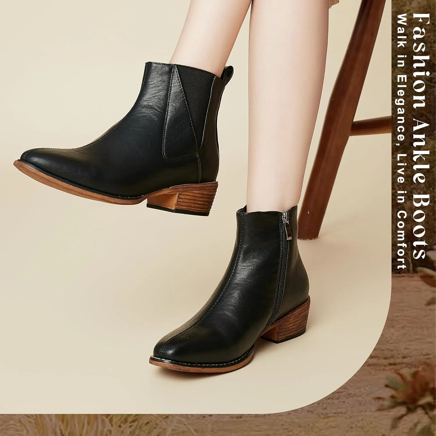 Women's Ankle Boots Mid-height Heels Chelsea Zipper Dressy Booties
