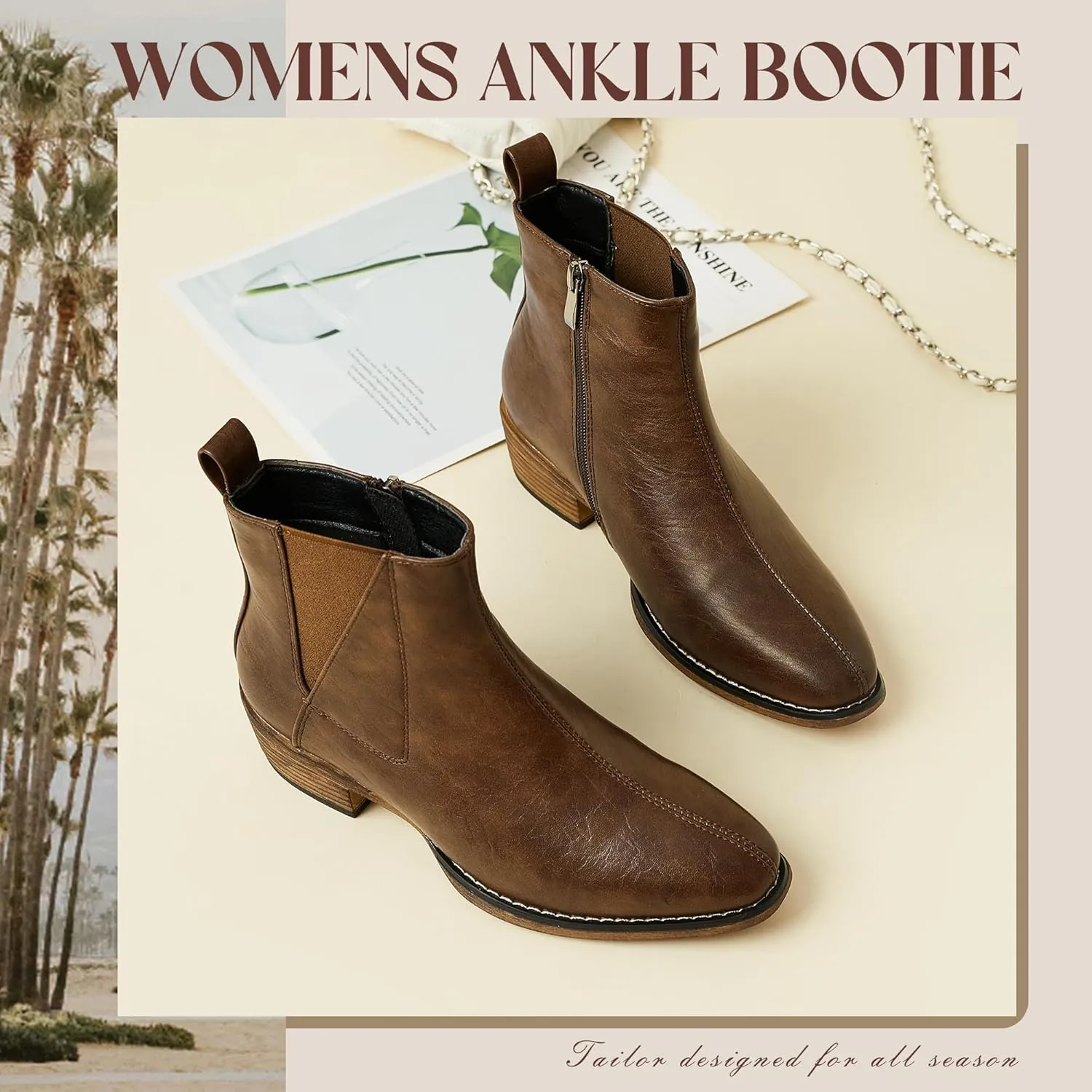 Women's Ankle Boots Mid-height Heels Chelsea Zipper Dressy Booties