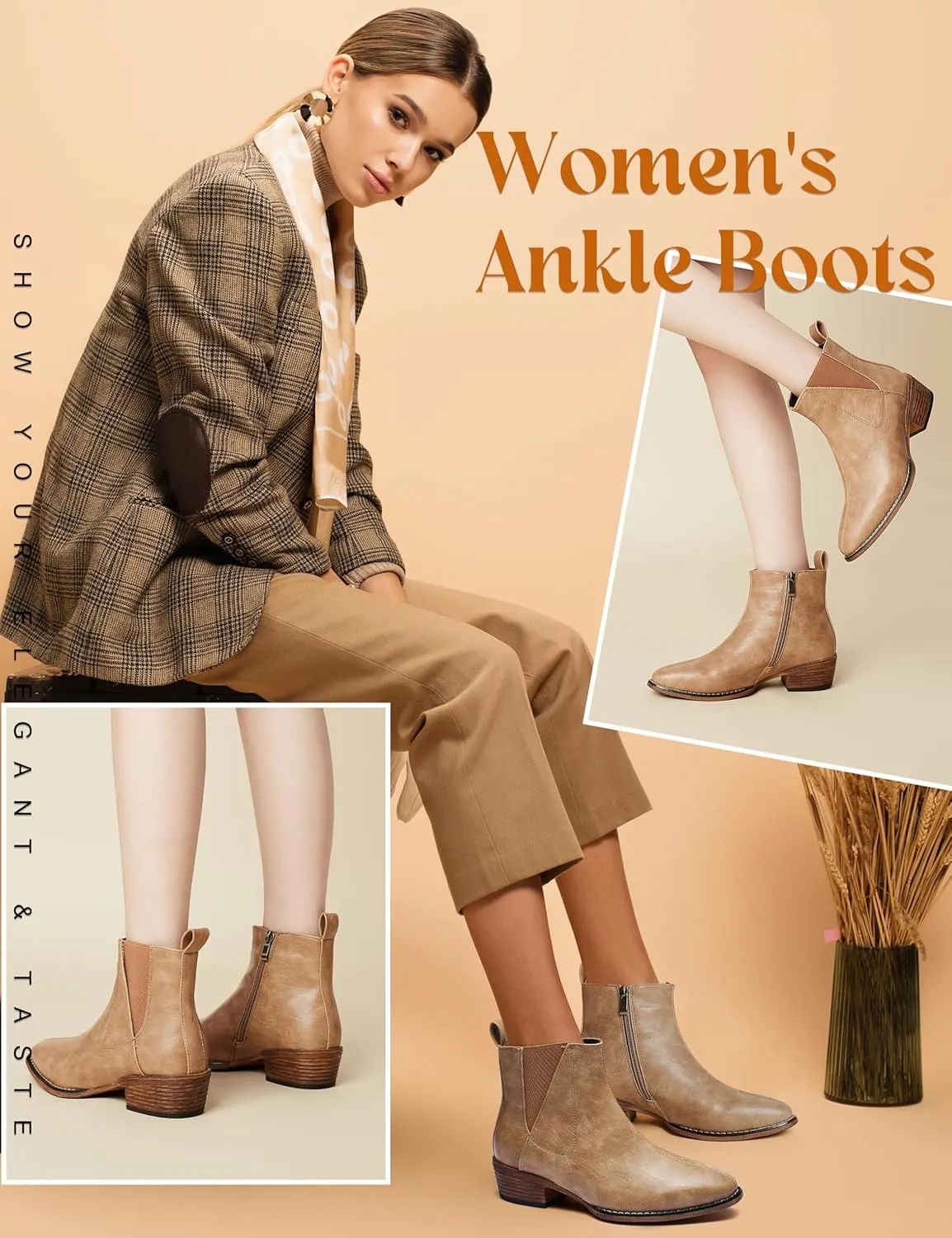 Women's Ankle Boots Mid-height Heels Chelsea Zipper Dressy Booties