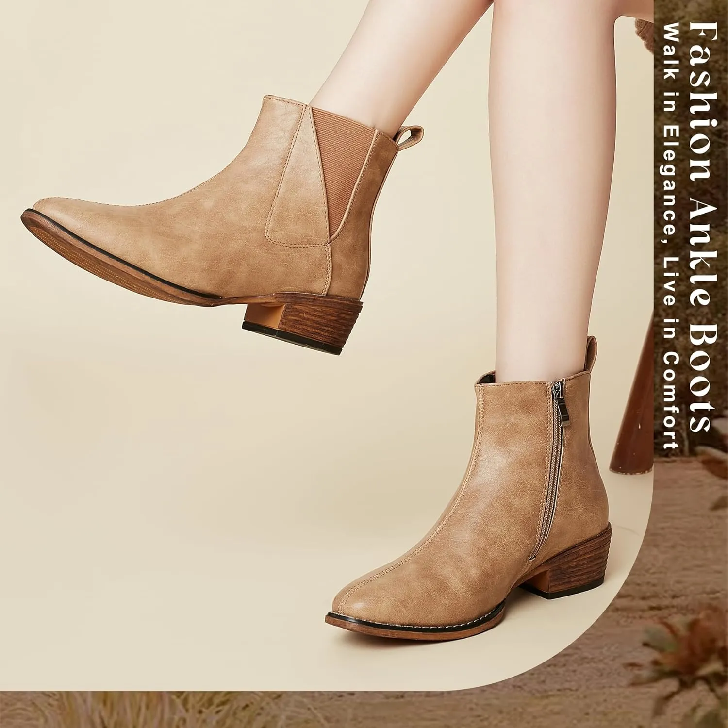 Women's Ankle Boots Mid-height Heels Chelsea Zipper Dressy Booties