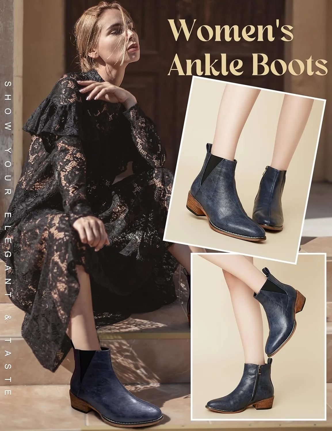 Women's Ankle Boots Mid-height Heels Chelsea Zipper Dressy Booties