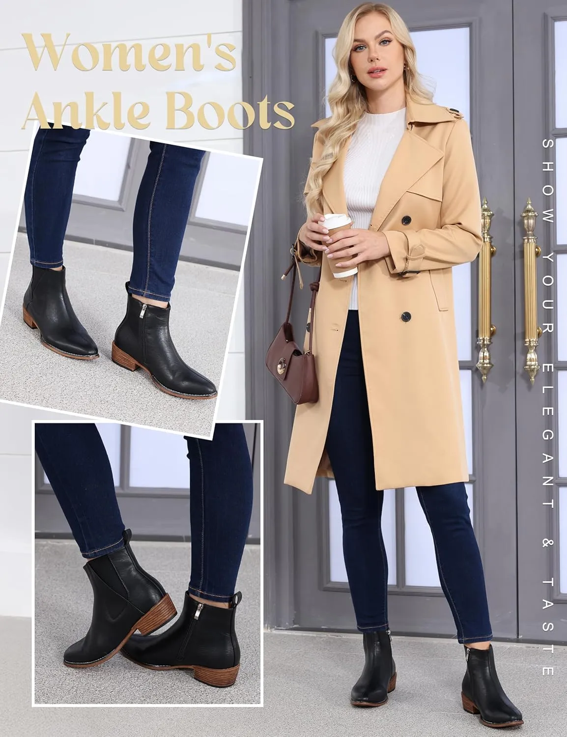 Women's Ankle Boots Mid-height Heels Chelsea Zipper Dressy Booties