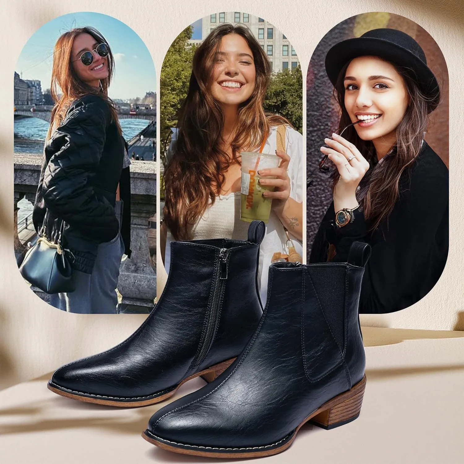 Women's Ankle Boots Mid-height Heels Chelsea Zipper Dressy Booties
