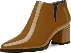 Women's Ankle Boots, Pointed Toe Chunky Heel Short Boots, Side Zipper and Elastic Ankle Booties, Mid Heel Shoes for Women