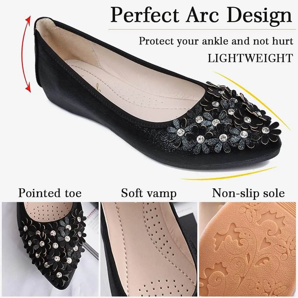Women's Ballet Flats Foldable Casual Sparkly Rhinestone Wedding Ballerina Shoes Comfort Slip on Walking Flat Shoes