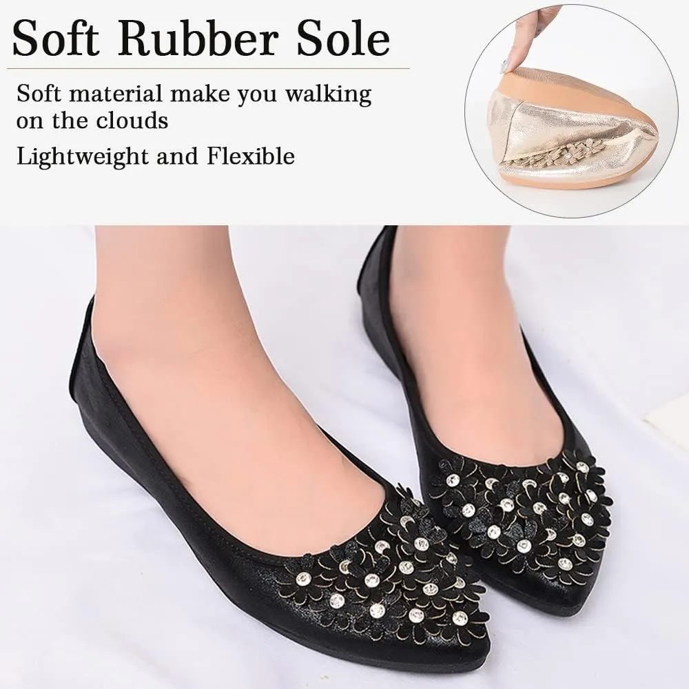 Women's Ballet Flats Foldable Casual Sparkly Rhinestone Wedding Ballerina Shoes Comfort Slip on Walking Flat Shoes