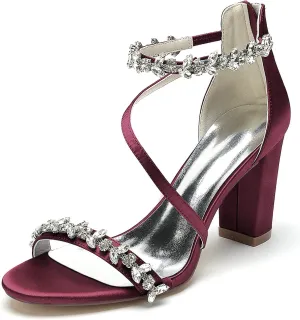 Women's Block Chunky High Heels Open Toe Crystal Wedding Pumps Ankle Strap Evening Prom Dance Party Dress Pump Sandals Shoes