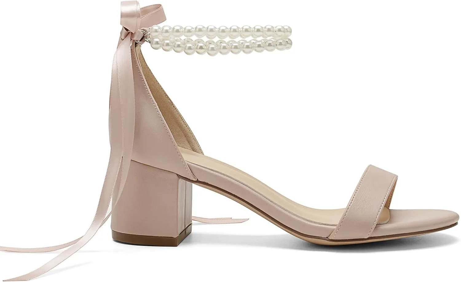 Women's Block Heels Pearl Wedding Shoes for Bride, Open Toe Chunky Low Heel Bridal Shoes