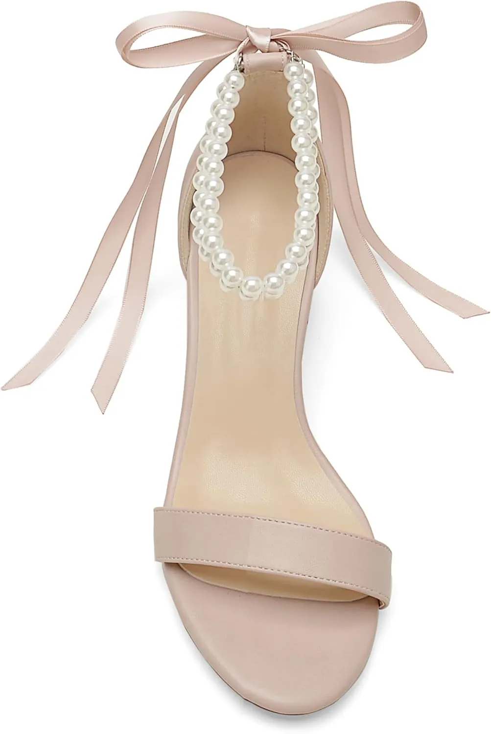 Women's Block Heels Pearl Wedding Shoes for Bride, Open Toe Chunky Low Heel Bridal Shoes