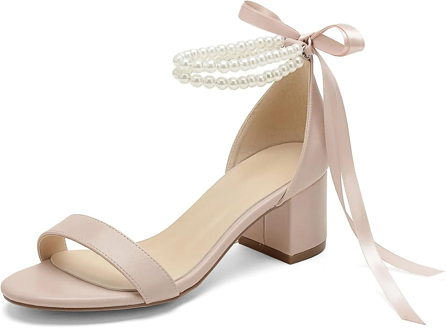 Women's Block Heels Pearl Wedding Shoes for Bride, Open Toe Chunky Low Heel Bridal Shoes