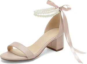 Women's Block Heels Pearl Wedding Shoes for Bride, Open Toe Chunky Low Heel Bridal Shoes