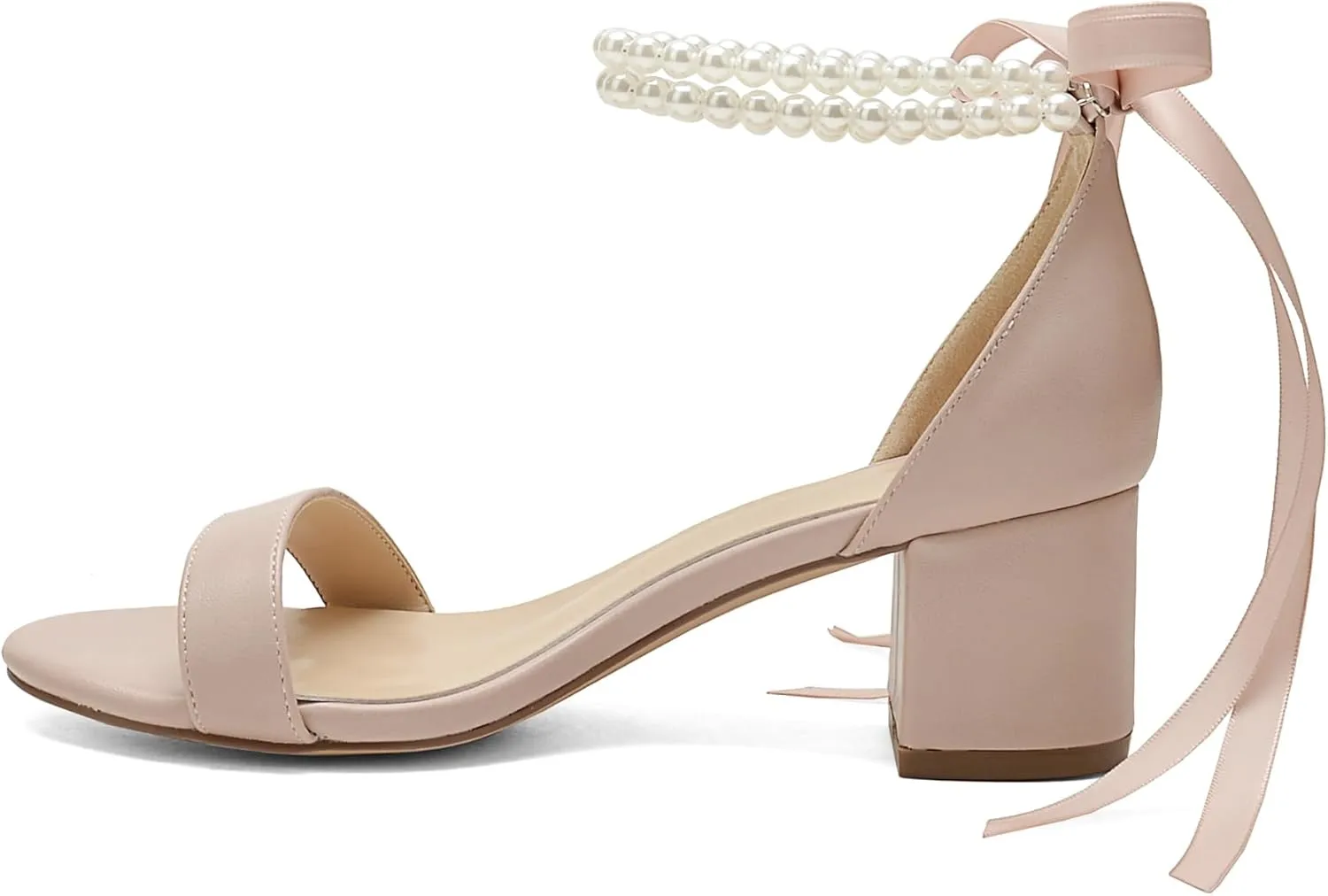 Women's Block Heels Pearl Wedding Shoes for Bride, Open Toe Chunky Low Heel Bridal Shoes