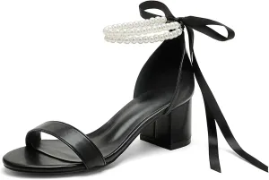 Women's Block Heels Pearl Wedding Shoes for Bride, Open Toe Chunky Low Heel Bridal Shoes