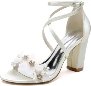 Womens Block Wedding Heels for Bride Open Toe Applique Pumps Ankle Strap Satin Chunky Heeled Wedding Shoes Sandals