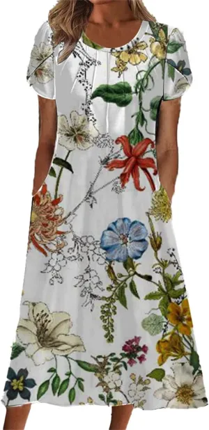 Women's Boho Print Summer Maxi Dress Short Sleeve with Pockets Casual Beach Vacation Crew Neck Loose Sun Dress