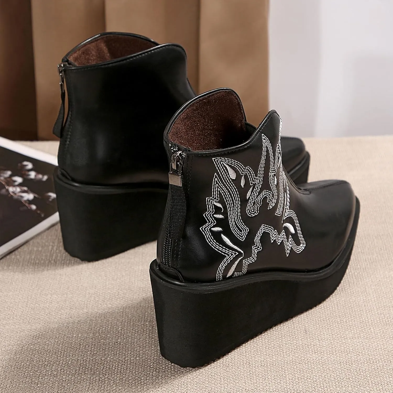 Womens Booties Fashion Lace up Ankle Boots Ladies Buckle Platform Shoes Chunky High Heel Boots Wedge Boots for Women