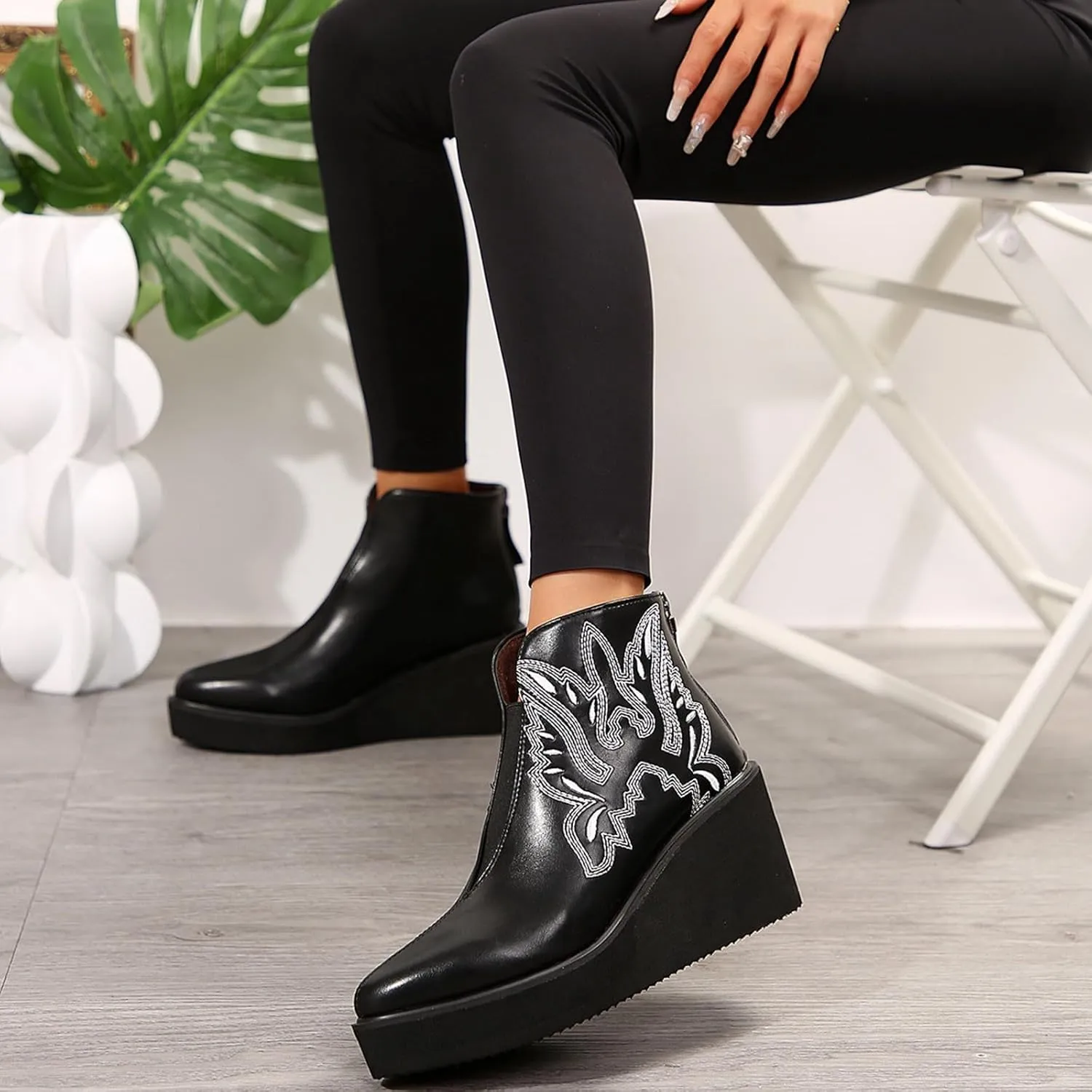 Womens Booties Fashion Lace up Ankle Boots Ladies Buckle Platform Shoes Chunky High Heel Boots Wedge Boots for Women
