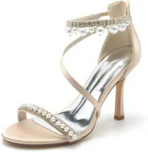 Women's Bridal Shoes Open Toe High Heel Ankle Strap Dress Shoes Casual Formal Wedding Party Pumps Sandals with Pearl
