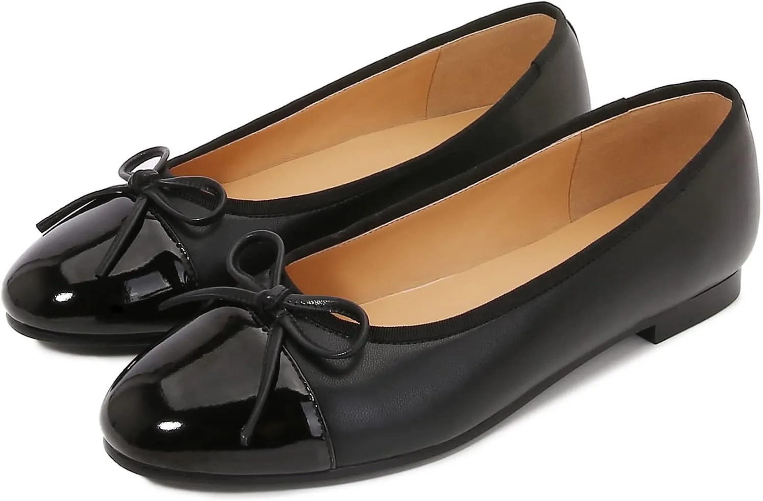 Women's Cap Toe Ballet Flats Two Tone Bow Flats Round Toe Shoes for Women Slip on Casual, Work, Dress Flats Pumps for Women