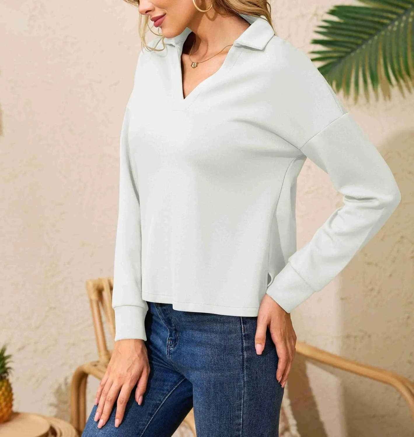 Women's Casual Polo Shirts Long Sleeve V Neck Collared Work Tops Ladies Tunics Tees Business Blouse 2024 Fall