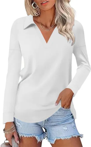 Women's Casual Polo Shirts Long Sleeve V Neck Collared Work Tops Ladies Tunics Tees Business Blouse 2024 Fall