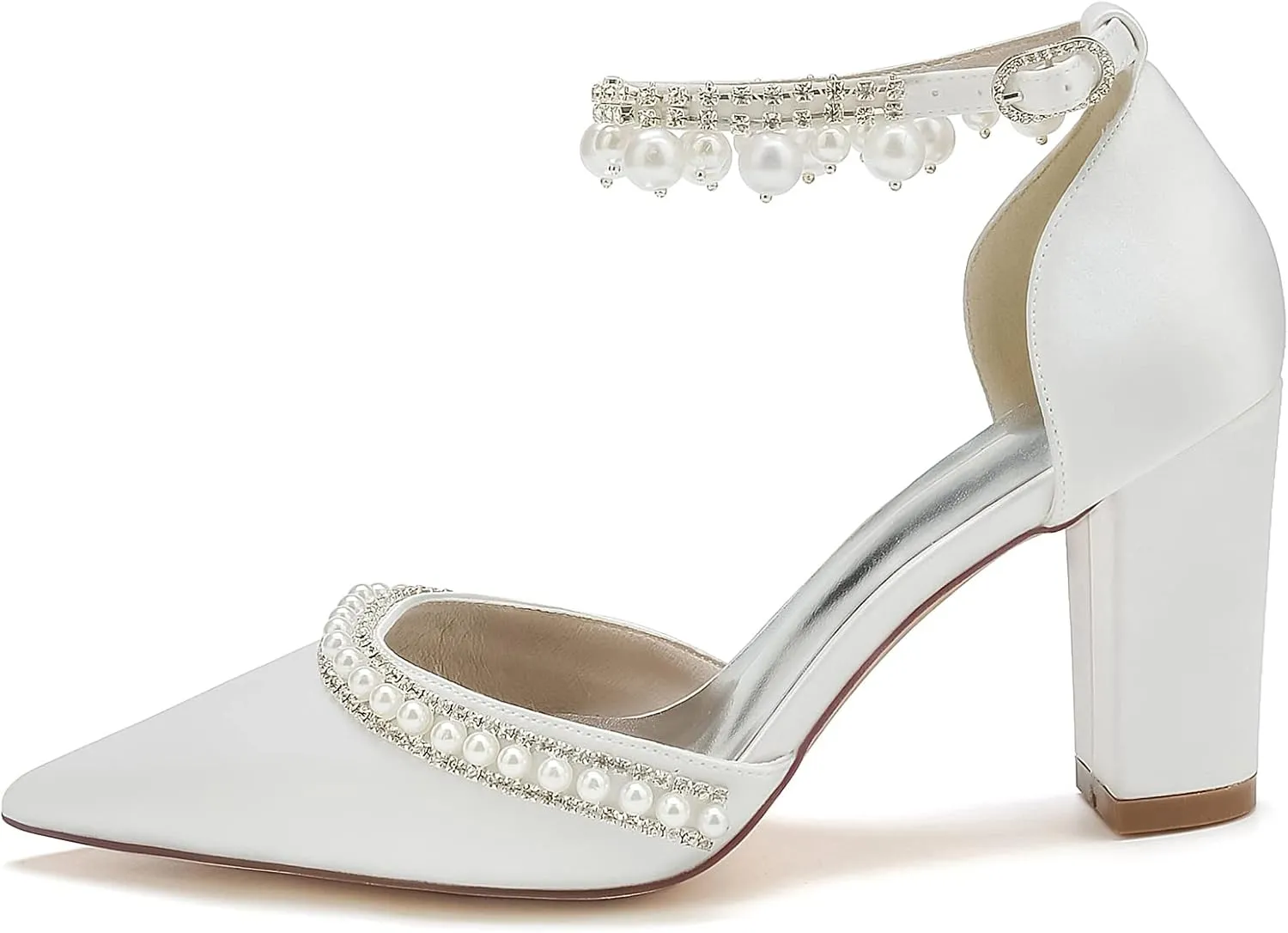 Women's Chunky Block High Heels Pointed Toe Satin Sandals Ankle Strap Dress Shoes Wedding Party Pump with Pearl