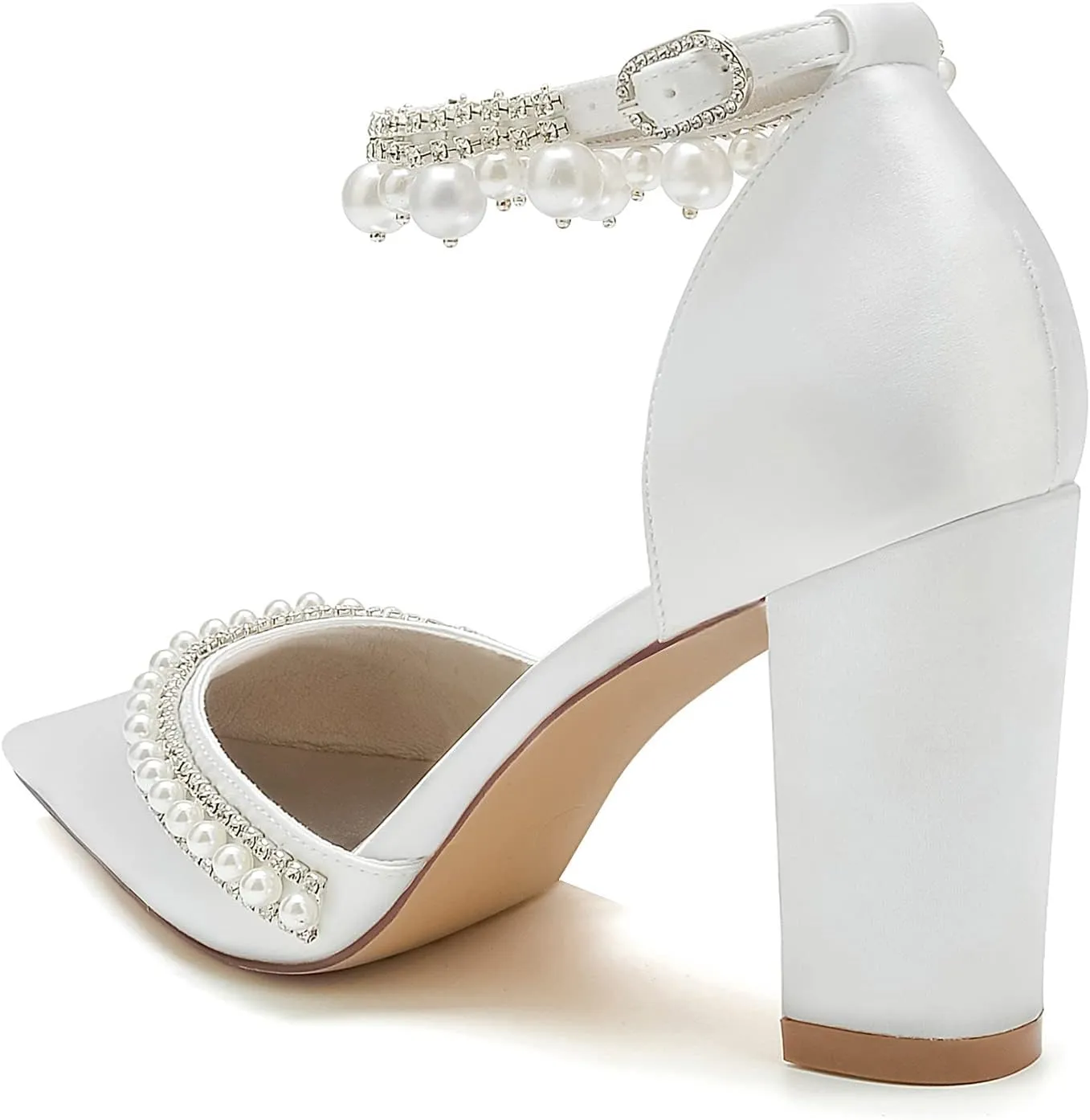 Women's Chunky Block High Heels Pointed Toe Satin Sandals Ankle Strap Dress Shoes Wedding Party Pump with Pearl
