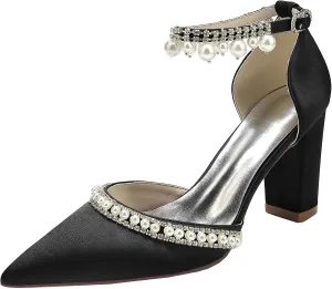 Women's Chunky Block High Heels Pointed Toe Satin Sandals Ankle Strap Dress Shoes Wedding Party Pump with Pearl