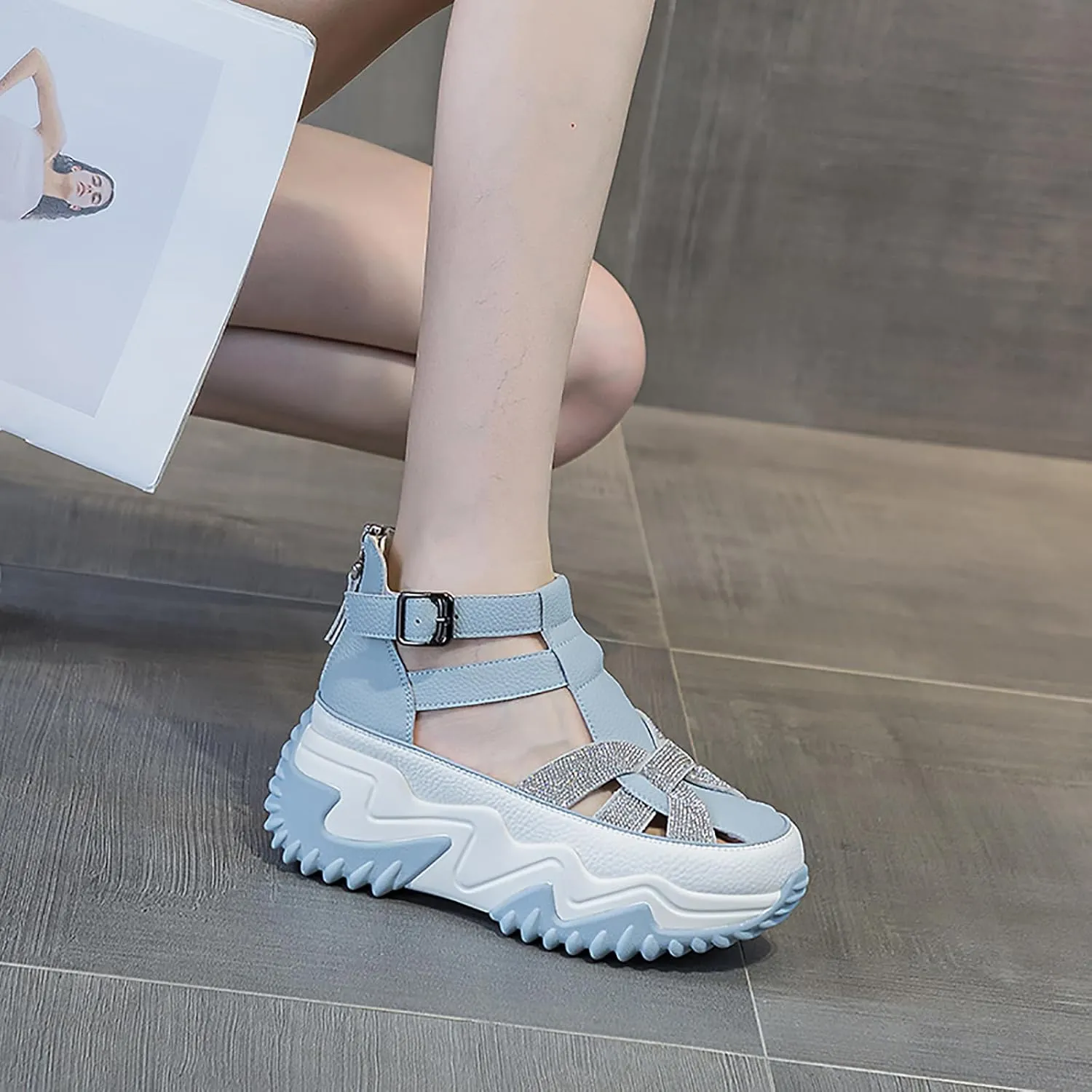 Women's Chunky Platform Sandals,Cutout Leather Wedge Sandals,Fashion Rhinestones y2k Sandals with Back Zipper