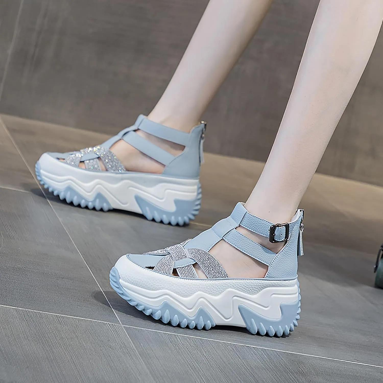 Women's Chunky Platform Sandals,Cutout Leather Wedge Sandals,Fashion Rhinestones y2k Sandals with Back Zipper
