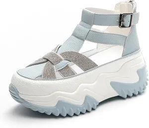 Women's Chunky Platform Sandals,Cutout Leather Wedge Sandals,Fashion Rhinestones y2k Sandals with Back Zipper