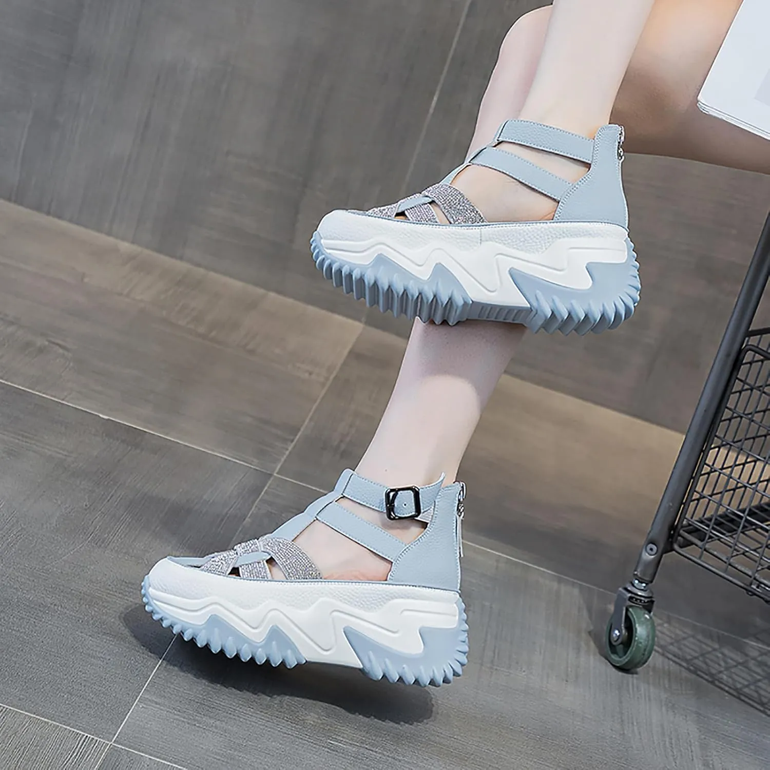 Women's Chunky Platform Sandals,Cutout Leather Wedge Sandals,Fashion Rhinestones y2k Sandals with Back Zipper