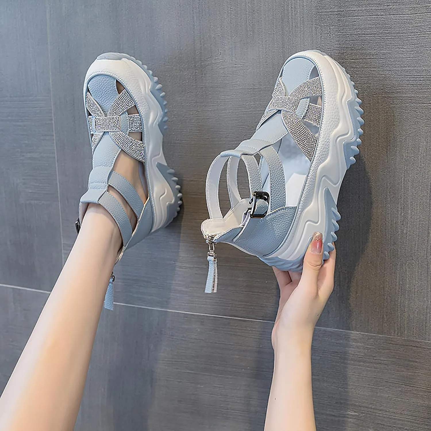 Women's Chunky Platform Sandals,Cutout Leather Wedge Sandals,Fashion Rhinestones y2k Sandals with Back Zipper
