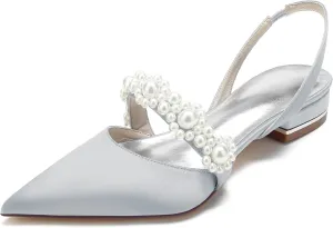 Women's Closed Toe Satin Pearl Wedding Flats Slingback Flats for Bride Prom Evening Bridal Party Dress Flats