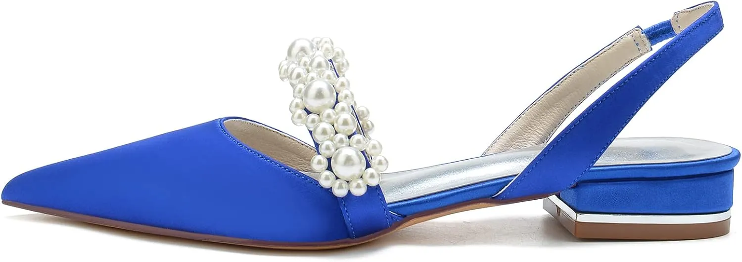 Women's Closed Toe Satin Pearl Wedding Flats Slingback Flats for Bride Prom Evening Bridal Party Dress Flats