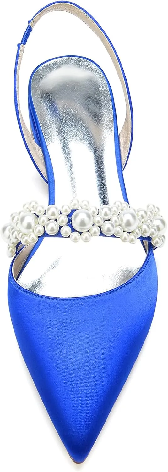 Women's Closed Toe Satin Pearl Wedding Flats Slingback Flats for Bride Prom Evening Bridal Party Dress Flats