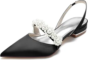 Women's Closed Toe Satin Pearl Wedding Flats Slingback Flats for Bride Prom Evening Bridal Party Dress Flats