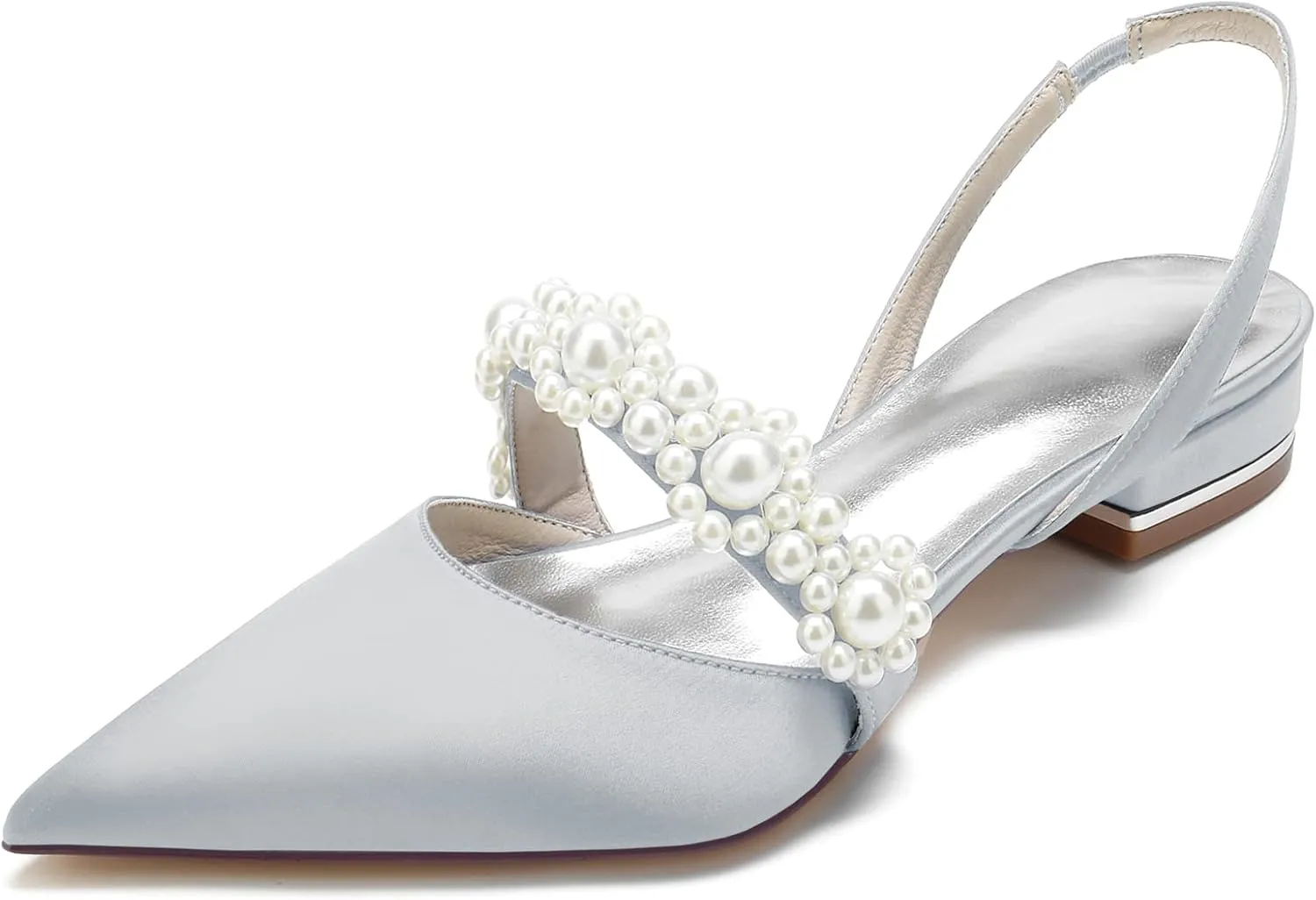 Women's Closed Toe Satin Pearl Wedding Flats Slingback Flats for Bride Prom Evening Bridal Party Dress Flats